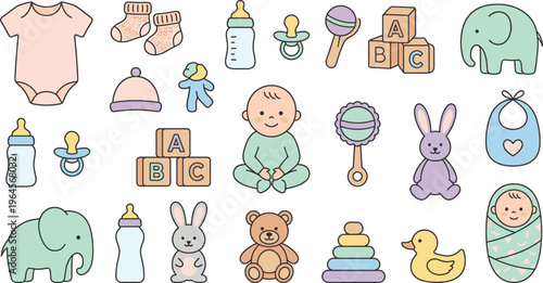 Cute Baby Essentials Vector Set Featuring Toys, Bottles, Pacifiers, Clothes, and Nursery Items for Infant Care, Parenting, and Child Development Designs