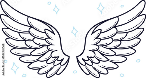 Angel wings doodle style with loose lines and blue sparkles white background