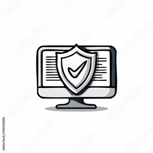Computer Monitor with Security Shield Icon.