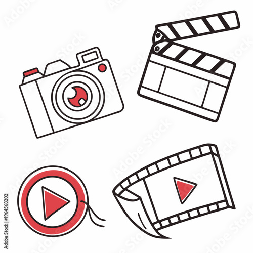 Film and photography icons with play buttons on white background camera clapper