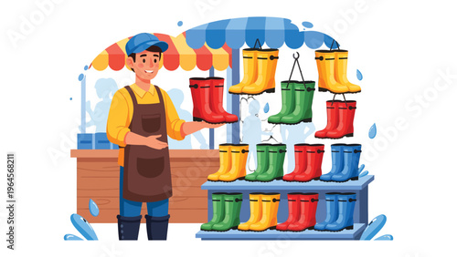 Shopkeeper's Boot Boutique: A shopkeeper stands proudly, presenting a vibrant array of colorful rain boots. This scene captures the essence of a retail experience