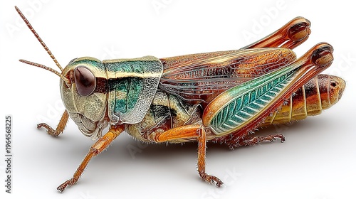 Vibrant Detailed Grasshopper Insect, Artistic Stylized Entomology Specimen Isolated on White Background, Suitable for Educational Resources, Nature Design Projects, Scientific Visual Materials