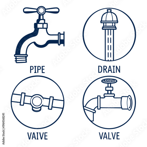 Plumbing icons including pipe, drain, valve and faucet on white background pipe