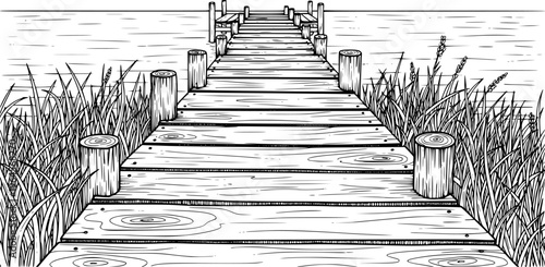 hand-drawn wooden pier extending into water with grass on both sides in black and white
