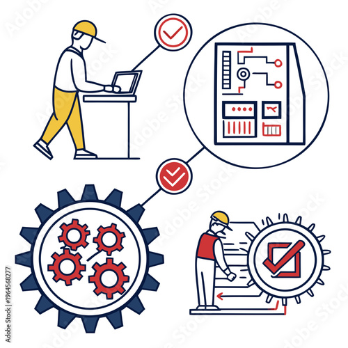Industrial automation and quality control process with workers and machinery factory industry
