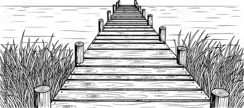 hand-drawn wooden pier extending into water with grass on both sides in black and white
