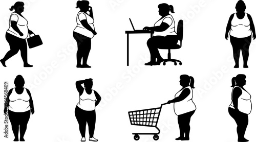 Vector silhouette of obese middle age women clipart on a white background
