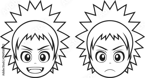 Black and white anime style expression with spiky hair and rough hand drawn lines