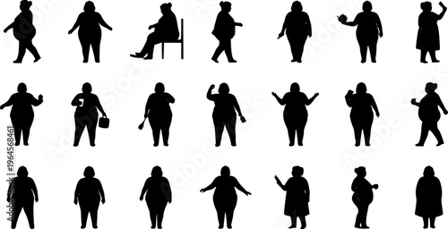 Vector silhouette of obese middle age women clipart on a white background
