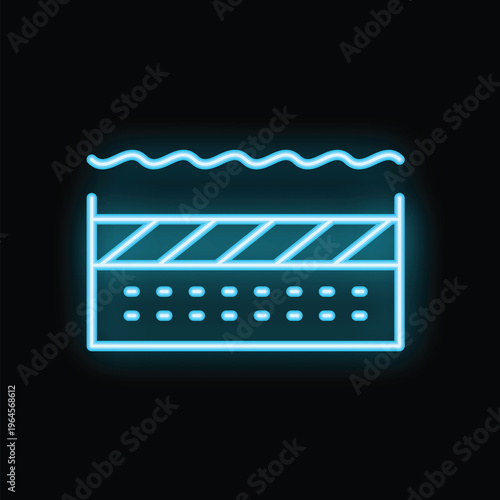 Glowing blue neon roadblock icon symbolizing construction, barrier, warning, and caution