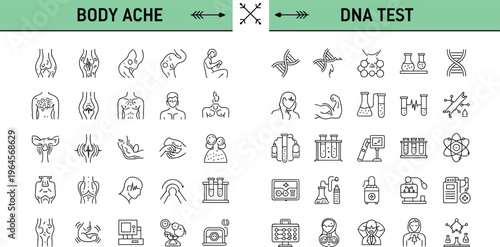 Body ache and DNA test linear dot icons collection with medical symptoms genetics laboratory and healthcare symbols vector illustration isolated on white background
