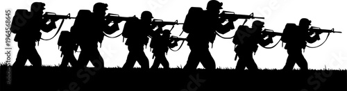 Soldiers troop with rifle gun in war silhouette vector, illustration for your background design, military man in the battle.
