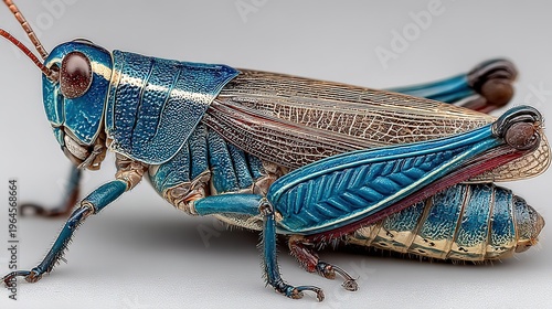 Cybernetic Metallic Grasshopper, Steampunk-Style Mechanical Insect with Textured Blue and Bronze Exoskeleton, Close-Up Isolated on Neutral Light Background