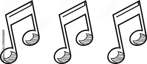 Black and white hand drawn musical notes with rough texture sketchy