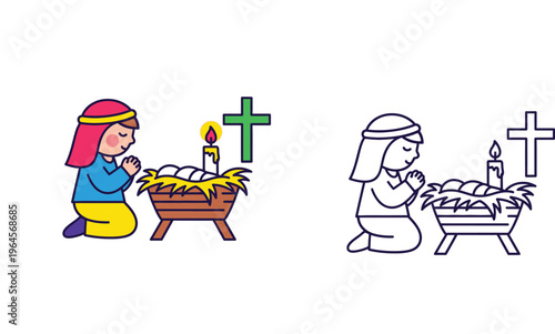 Cute nativity scene vector illustration with baby Jesus in manger, praying figure, candle, and cross. Includes colored and black outline coloring page versions.