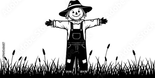 Friendly Scarecrow: A cheerful scarecrow stands tall in a field of tall grass, wearing a wide-brimmed hat and overalls.
