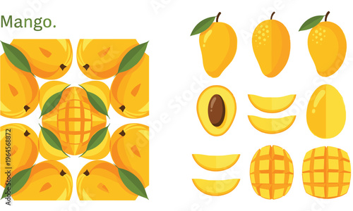 Mango fruit pattern and set with whole sliced wedges cubes and cross cut tropical vector illustration isolated on white background