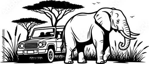 African Safari Wildlife Vector Illustration, Black and White Elephant and Jeep A
