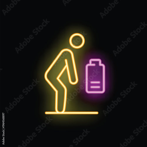 Neon glowing icon of a tired man leaning on an empty battery on a black background