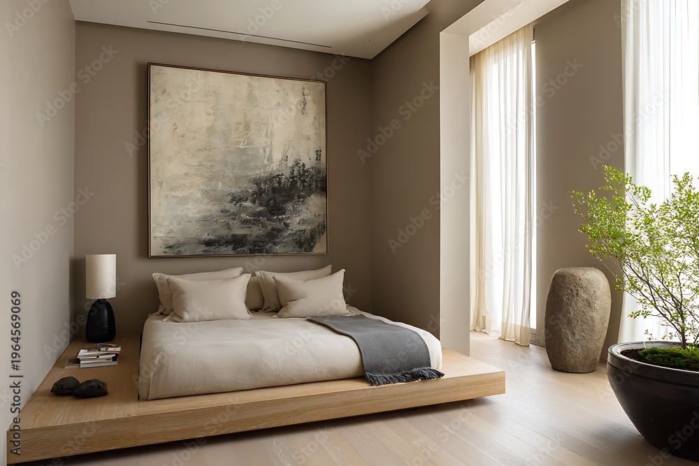 Obraz premium Contemporary neutral bedroom, taupe walls, light wood flooring, sleek low bed frame, minimalistic design, small green plant in corner, large abstract art piece as focal point