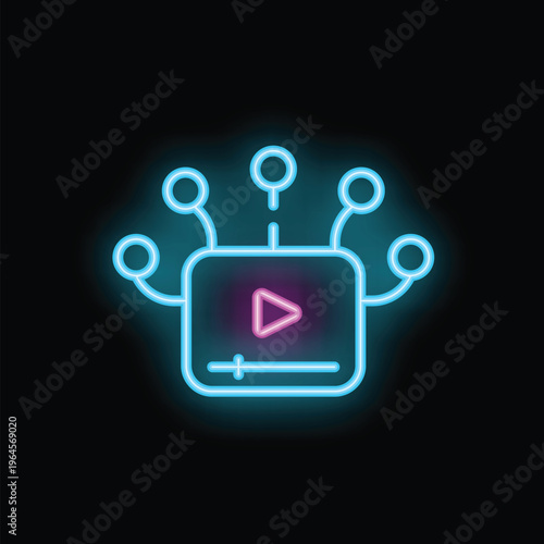 Neon sign of a video player connecting to a network, representing the concept of video streaming