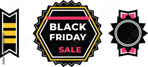 Black friday sale label set with bold typography and geometric shapes labels stickers