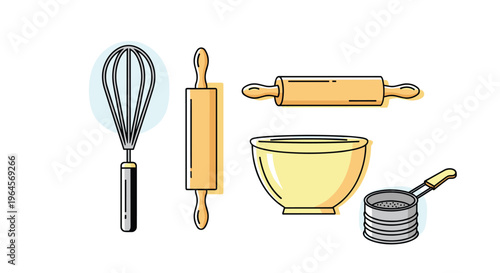 Vector illustration of kitchen utensils including a whisk rolling pin bowl and strainer for baking and cooking, Generative AI.