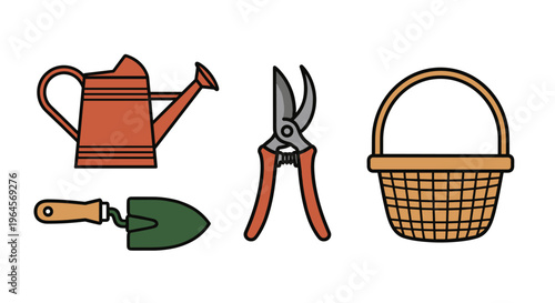 Colorful illustration of gardening tools and basket, Generative AI.