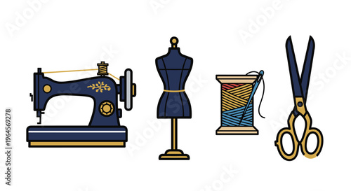 Vector illustration of sewing tools including a sewing machine dress form spool of thread and scissors, Generative AI.
