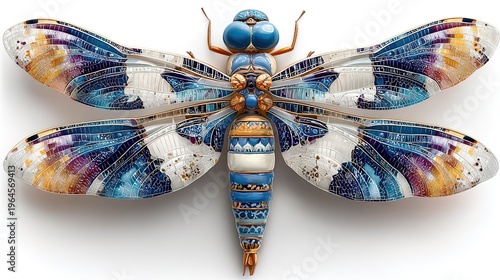 Stained Glass Style Mosaic Dragonfly Wall Art, Blue and Gold Decorative Insect Sculpture, Vibrant Handcrafted Home Accent with Detailed Artistic Wings