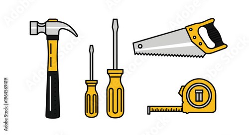 A set of various hand tools including a hammer screwdrivers a saw and a tape measure, Generative AI.