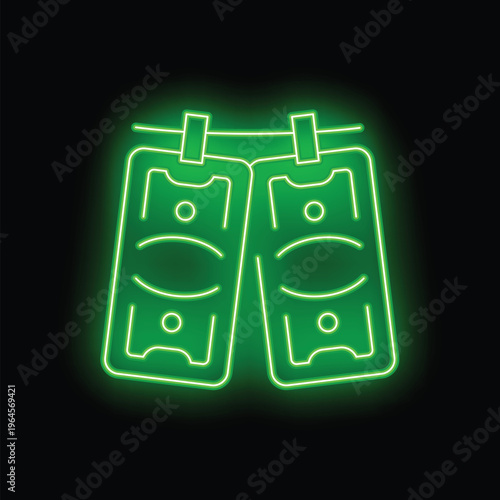 Glowing neon green icon representing money laundering with dollar bills hanging from a clothesline