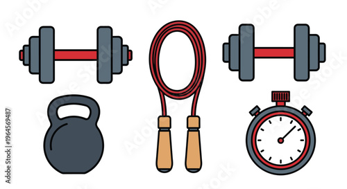Colorful illustration of fitness equipment including dumbbells jump rope kettlebell and stopwatch, Generative AI.