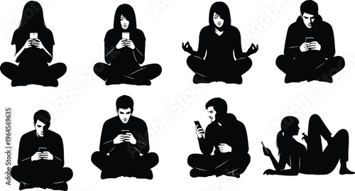 Set of Silhouette People Using Smartphones while Sitting, Men and Women Texting and Browsing, Technology Addiction and Digital Communication Concept,