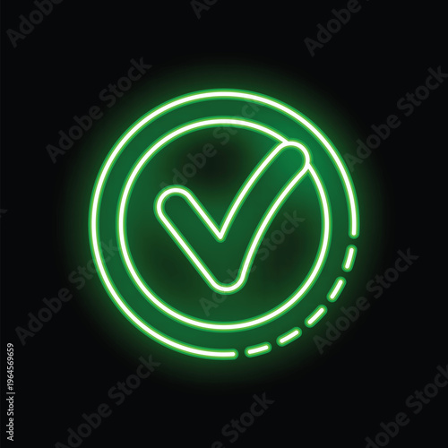 Green neon sign is glowing on a black wall and showing validation with a check mark