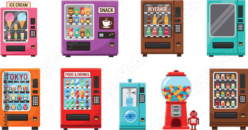 Collection of colorful vending machines with snacks, beverages, ice cream and gumball dispenser, vector illustration of retail automation concept