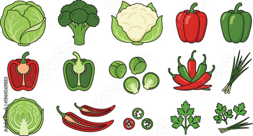 Fresh Vegetable Icon Set Featuring Cabbage, Broccoli, Cauliflower, Bell Peppers, Chili, and Herbs in Flat Style for Healthy Food and Cooking Design