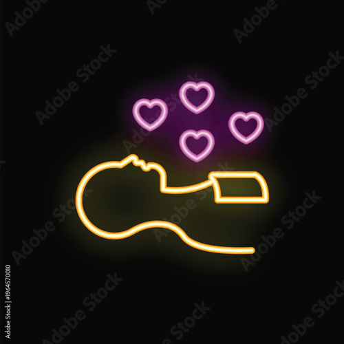 Neon sign of a person dreaming with hearts floating above their head, symbolizing love and positive emotions