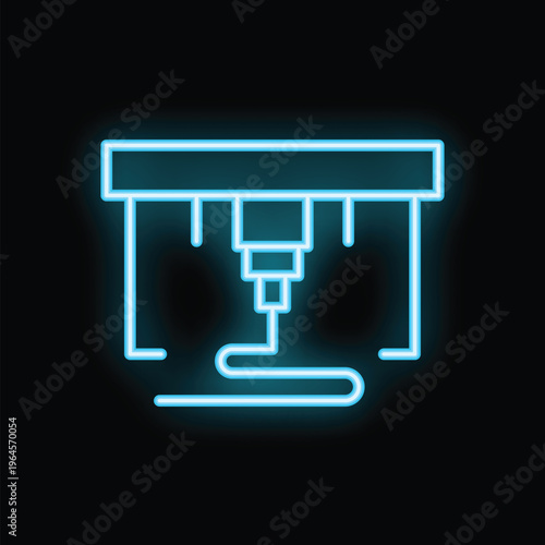 Blue neon icon of a 3d printer building a three dimensional object on a black background