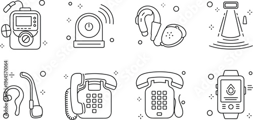 Communication devices line icons set radio telephone headset smartwatch vector illustration minimal outline technology collection design