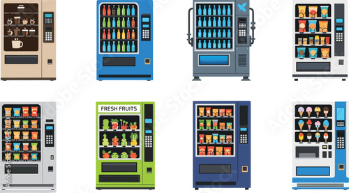 Collection of modern vending machines with coffee, beverages, snacks, fruits and ice cream, vector illustration of automated retail system