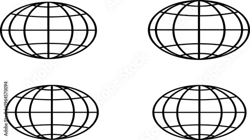 Minimalistic Outline Illustrations of Gridded Globes Representing Global Connectivity and Geographical Themes