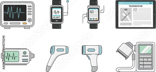Medical devices and telemedicine equipment icons set smartwatch monitor thermometer vector illustration healthcare technology collection design