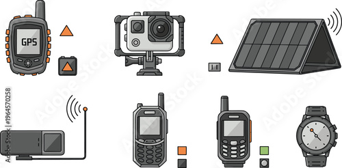 Outdoor GPS and communication devices icons set action camera radio smartwatch solar panel vector illustration technology collection design