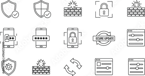 Cyber security and firewall protection icons set password lock shield update vector illustration minimal outline technology collection design
