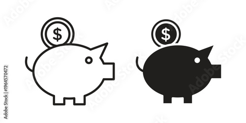 Piggy bank icons line and solid version, outline and filled vector design set