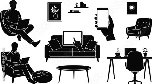 Modern home interior lifestyle silhouettes set people using laptop smartphone furniture living room workspace vector illustration collection design
