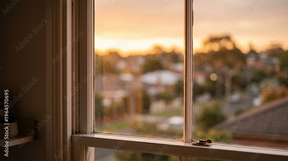 Fototapeta premium Soft Sunset Light on Window Glass with Blurred Residential Suburbs