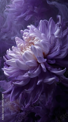 Exquisite Purple Chrysanthemum Blooms Captured in Soft Focus, With Ethereal Background and Delicate Petals Highlighting Nature's Beauty