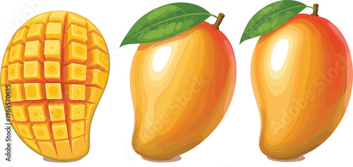 Mango fruit with cross cut cubes and whole tropical realistic vector illustration isolated on white background